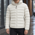 Men's white hooded puffer jacket with zipped pockets