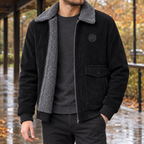 Men's black fleece-lined jacket with zip front