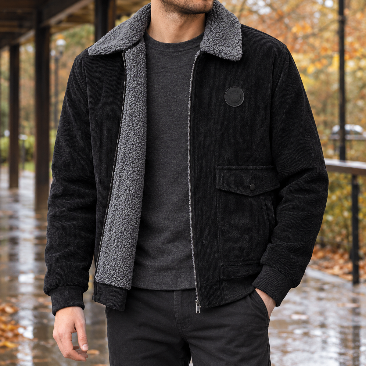Men's black fleece-lined jacket with zip front