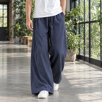 Men's wide leg cotton linen trousers in navy blue with drawstring waist