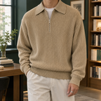 Men's khaki quarter zip textured knit jumper