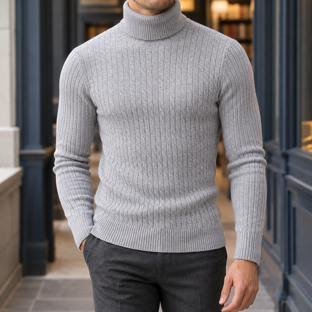 Man wearing a light gray cable knit roll neck jumper