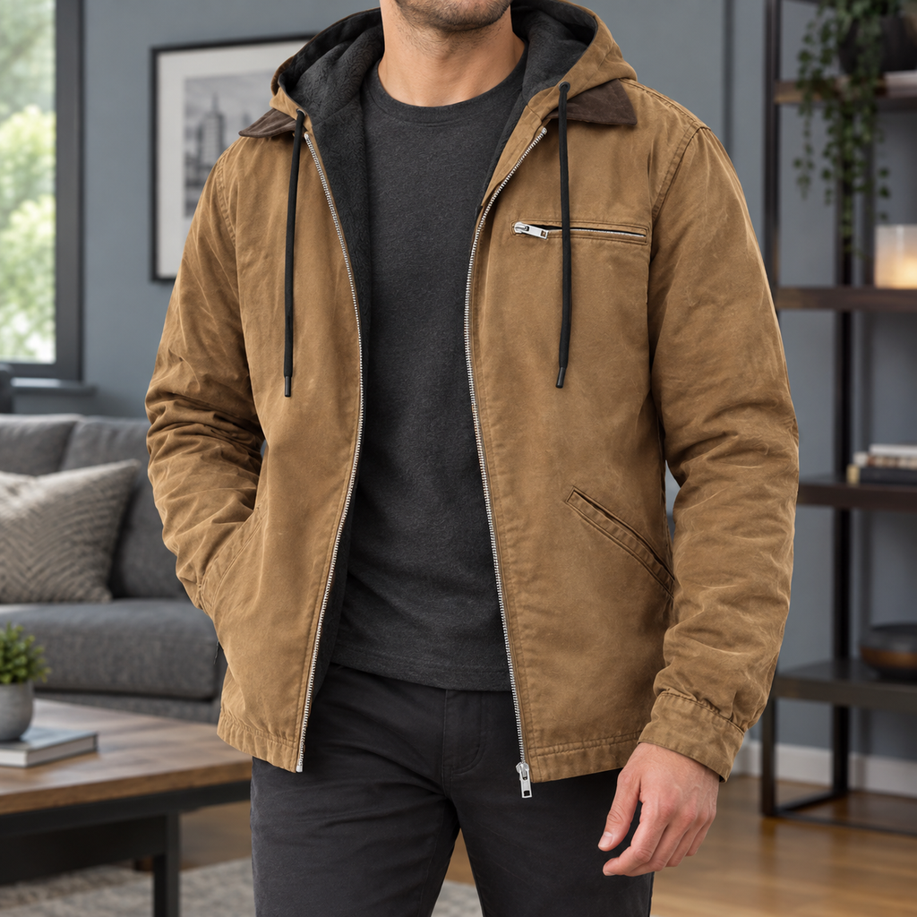 Men's camel hooded jacket with fleece-lined hood