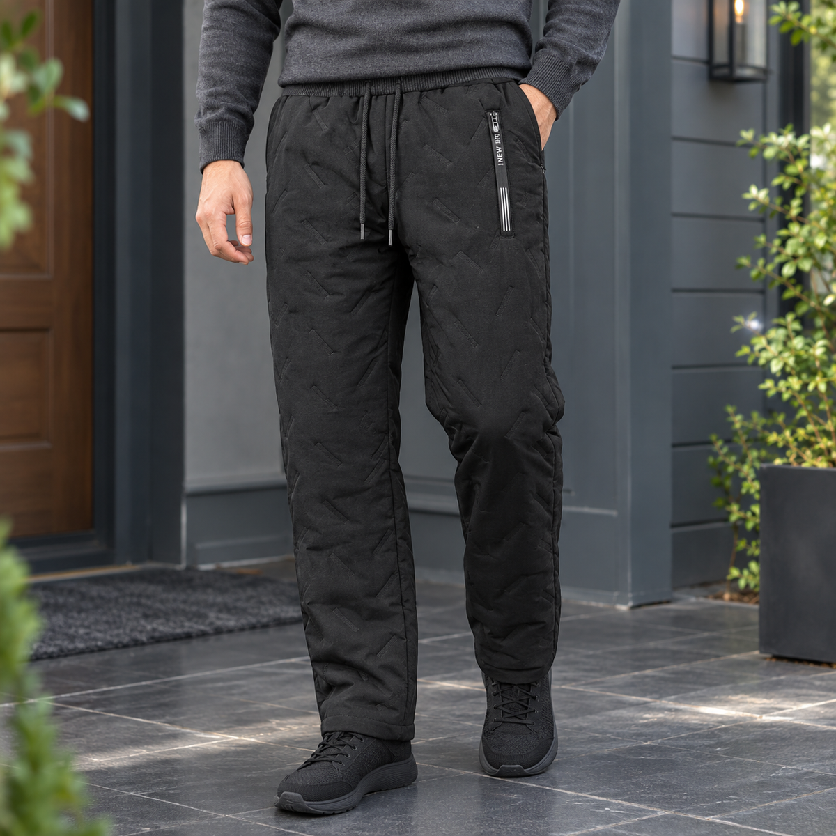 Men's black fleece lined jogger trousers with drawstring waist
