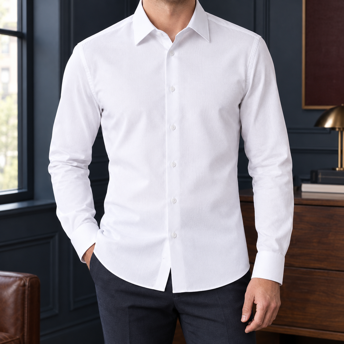 White wool blend fitted shirt for men