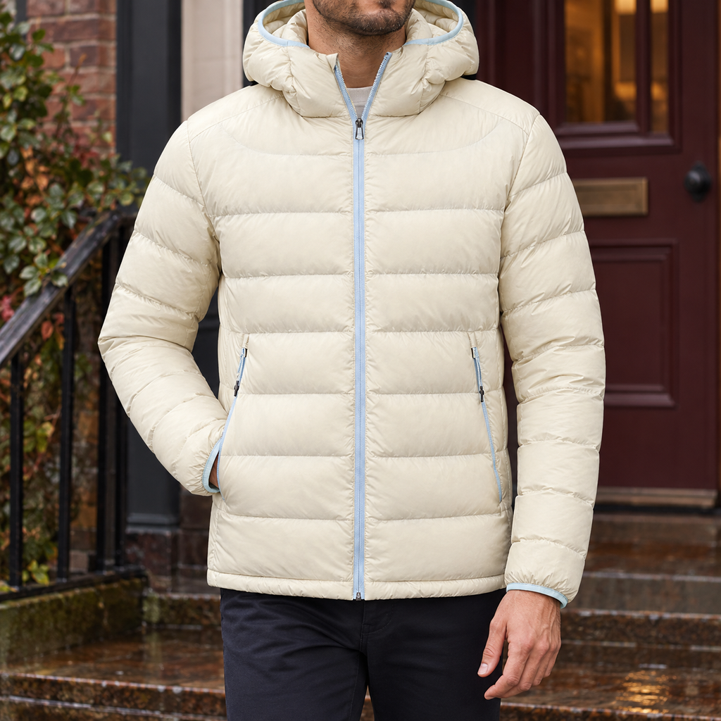 Off white men's padded hooded jacket with baffles