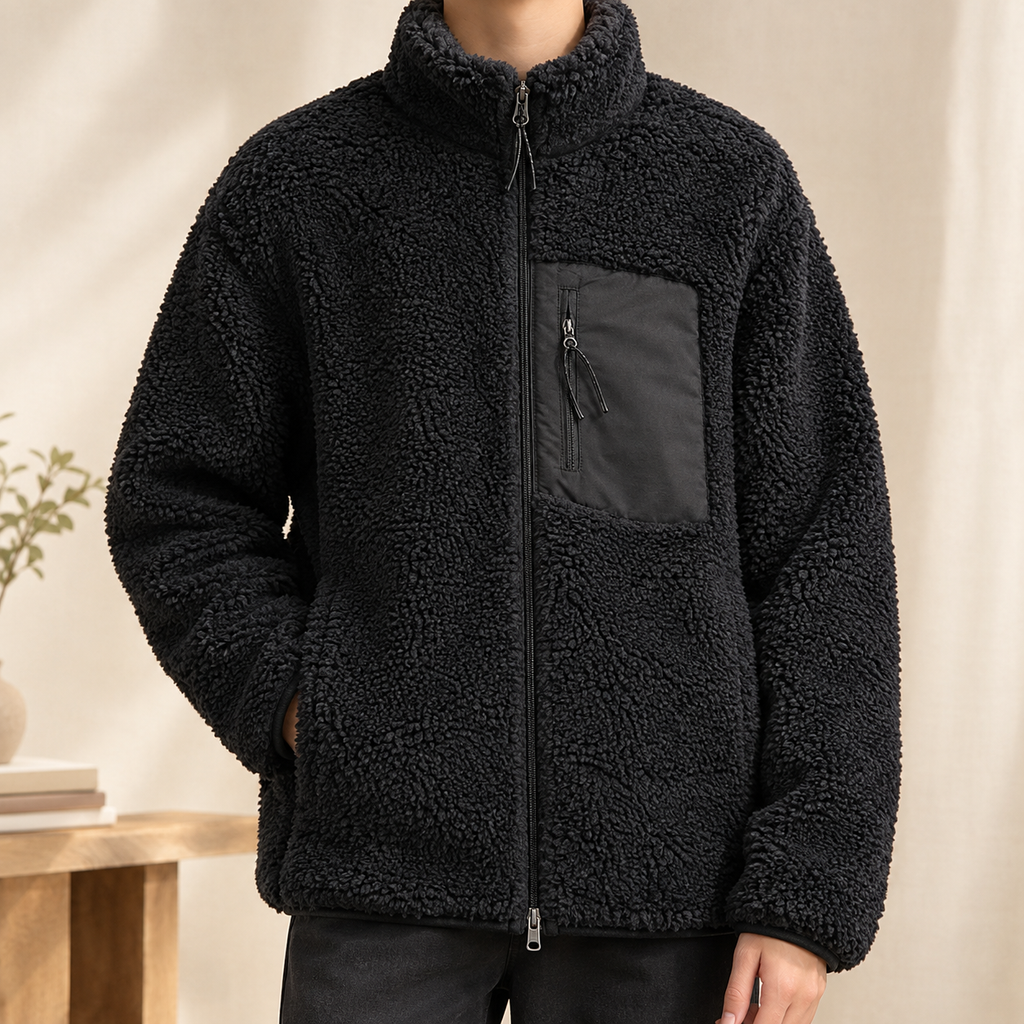 Men's navy textured zip jacket with stand collar