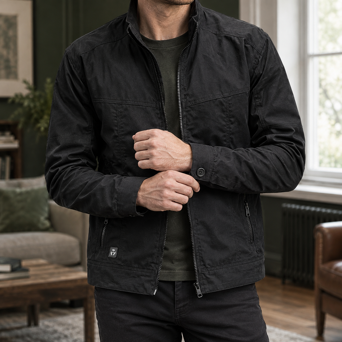 Men's black utility jacket with zip pockets and stand collar