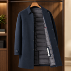 Men's navy down lined jacket with pointed collar