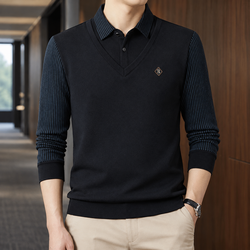 Navy blue striped long sleeve layered polo shirt for men