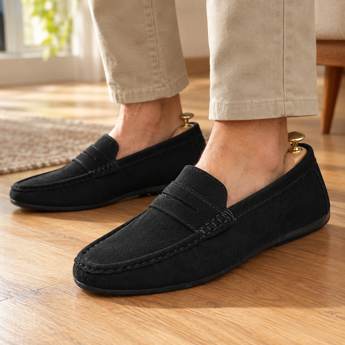 Men's black leather look penny loafers with penny strap