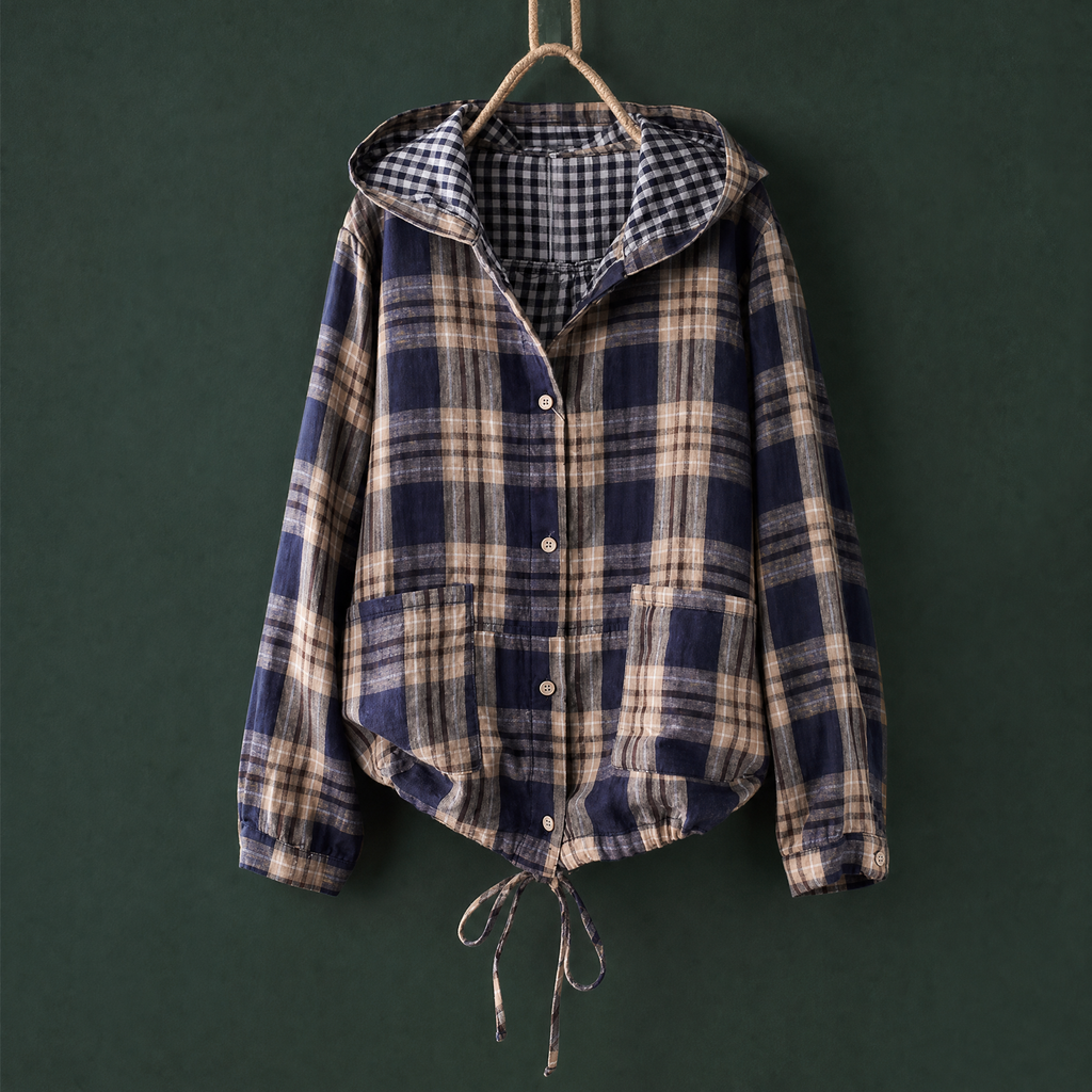 Men's plaid check overshirt with hood and patch pockets