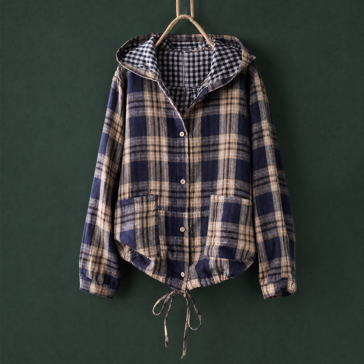 Men's plaid check overshirt with hood and patch pockets