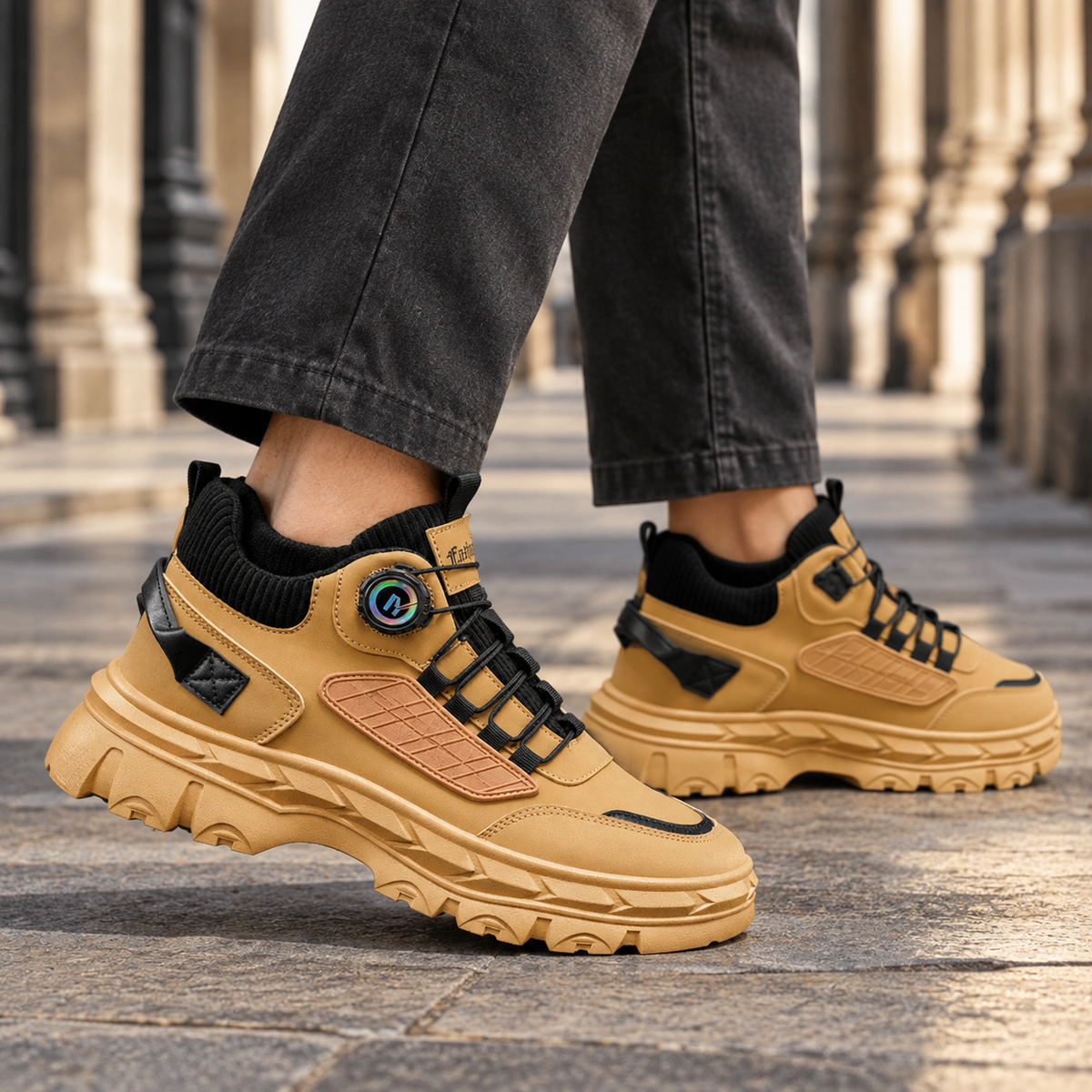 Men's tan leather-look chunky platform trainers