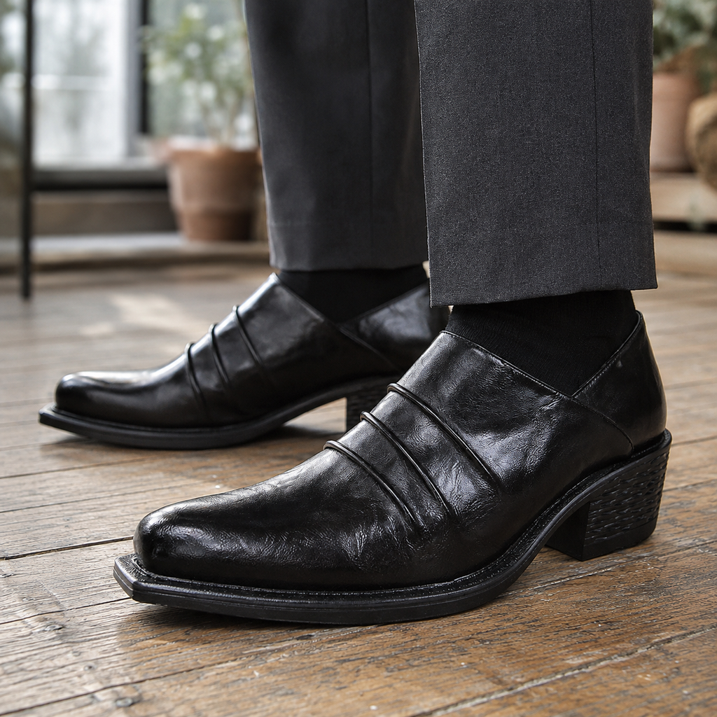 Men's black leather block heel shoes