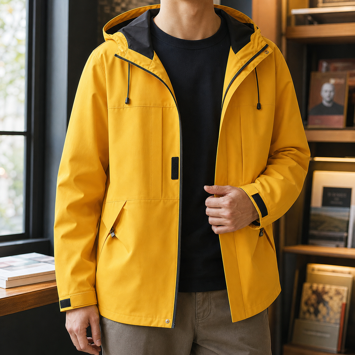 Men's yellow windbreaker jacket with hood