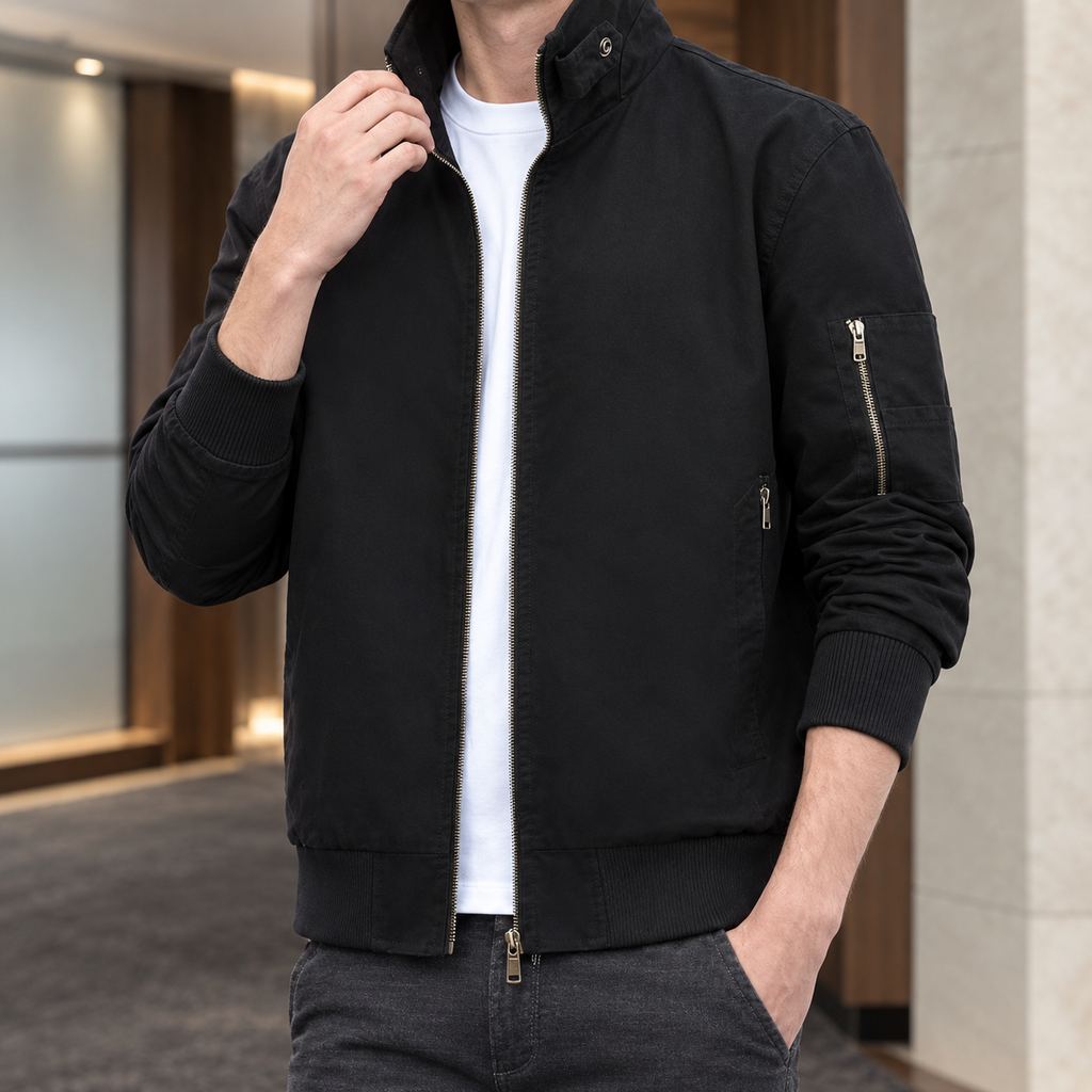 Men's black zip jacket with stand collar and ribbed cuffs
