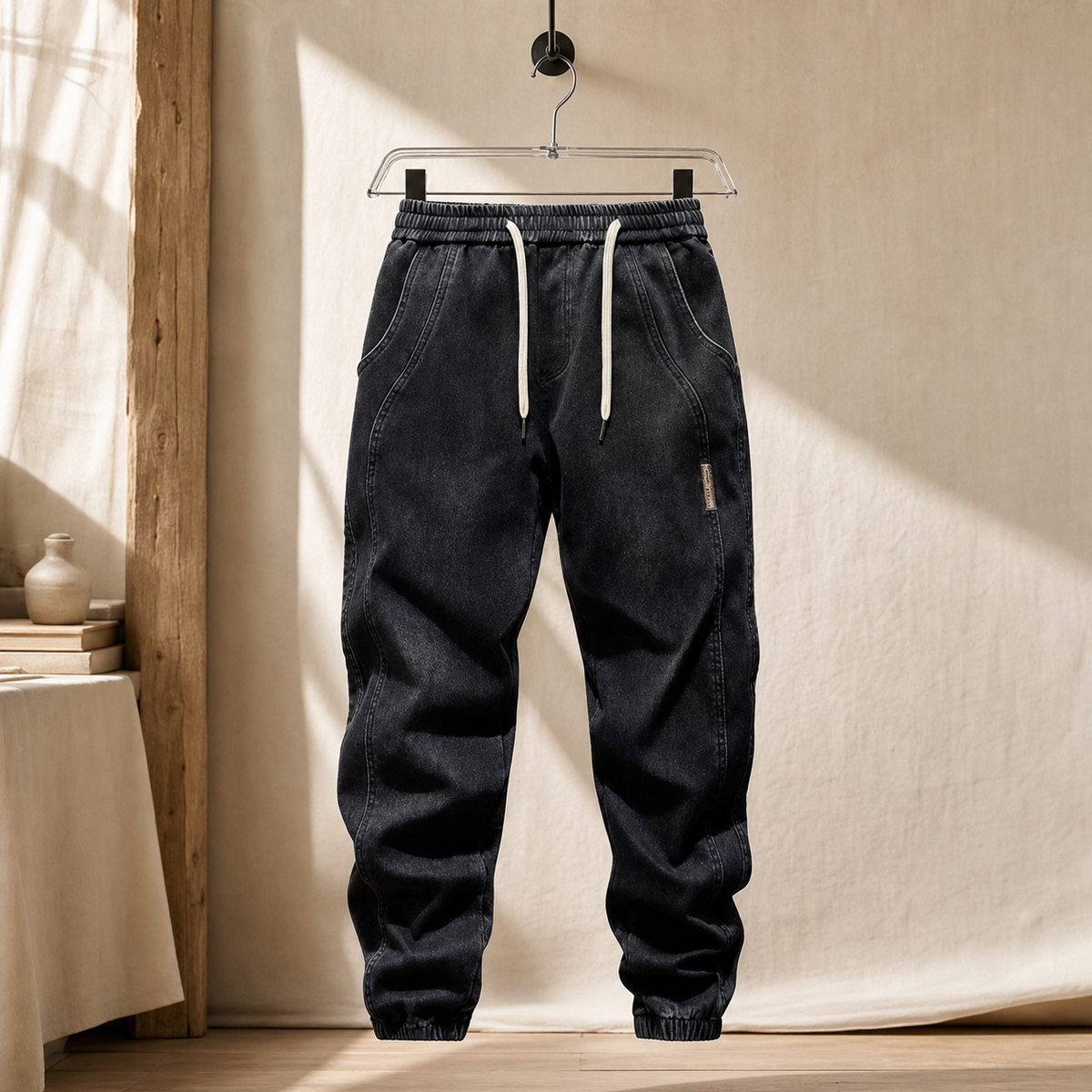 Men's grey jogger bottoms with drawstring waist