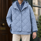 Blue men's quilted hooded jacket with layered collar
