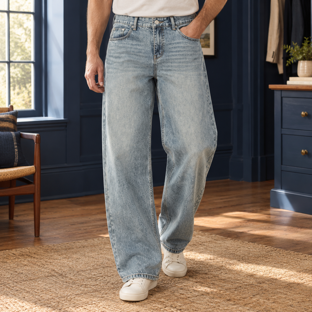 Men's black wide-leg jeans with high-rise waist