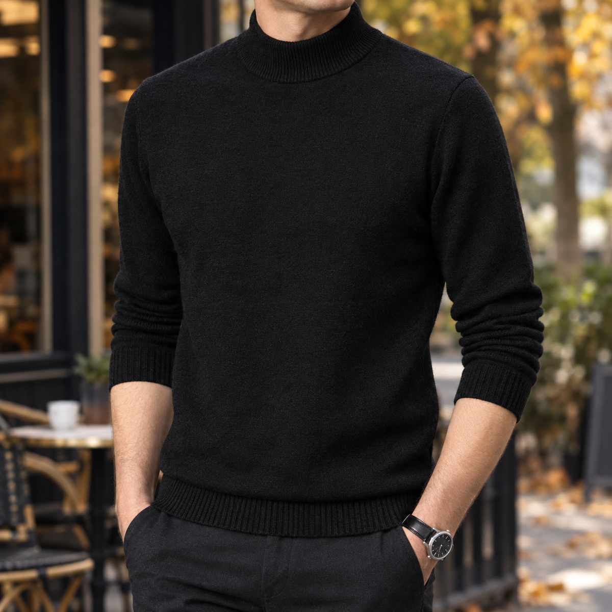 Man wearing a black cashmere mock neck jumper