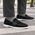 Men's black suede loafers with buckle detail