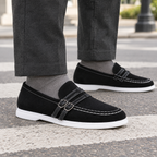 Men's black suede loafers with buckle detail
