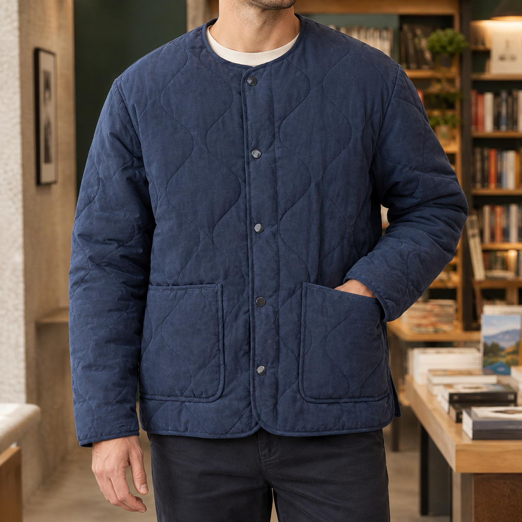 Men's blue quilted jacket with collarless neckline