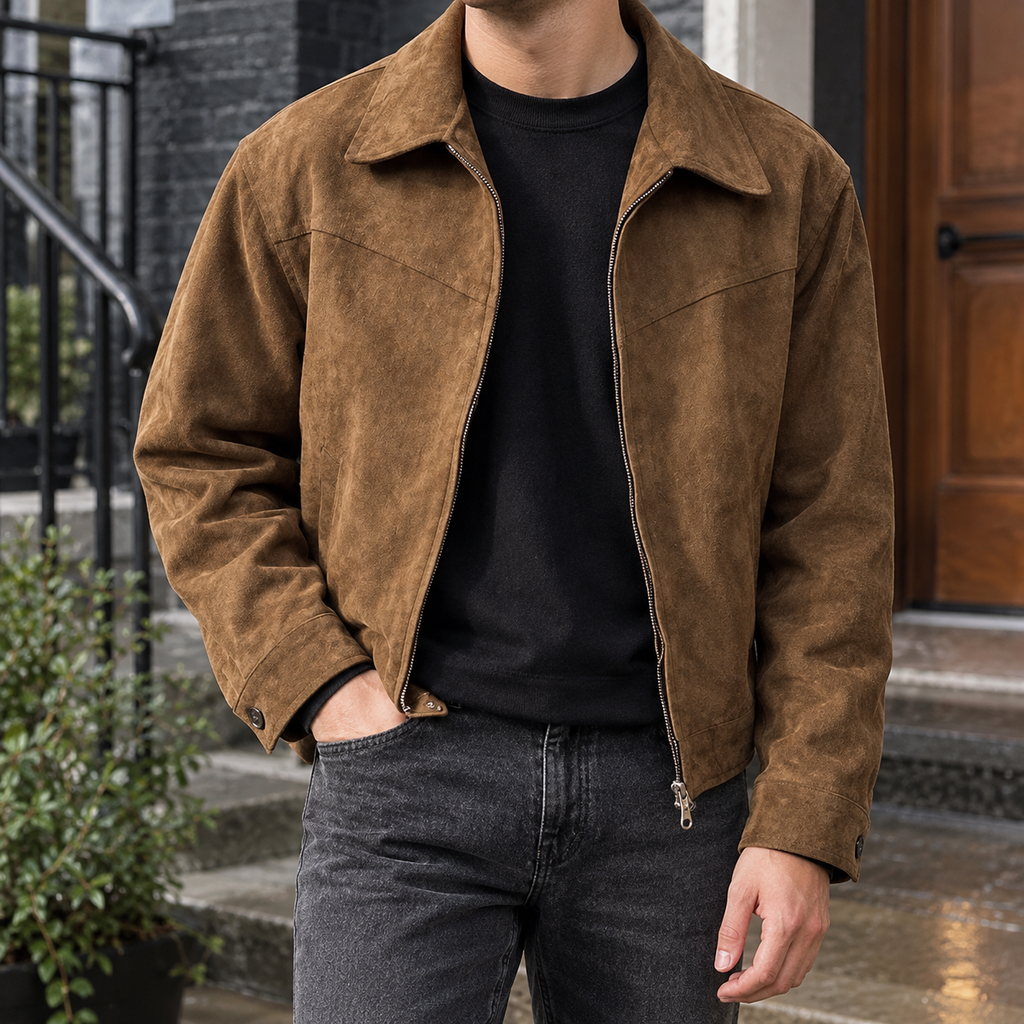 Men's brown suede jacket with pointed collar