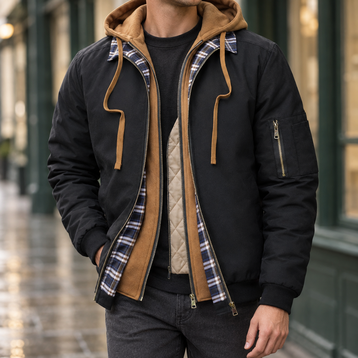 Men's black waterproof jacket with drawcord hood