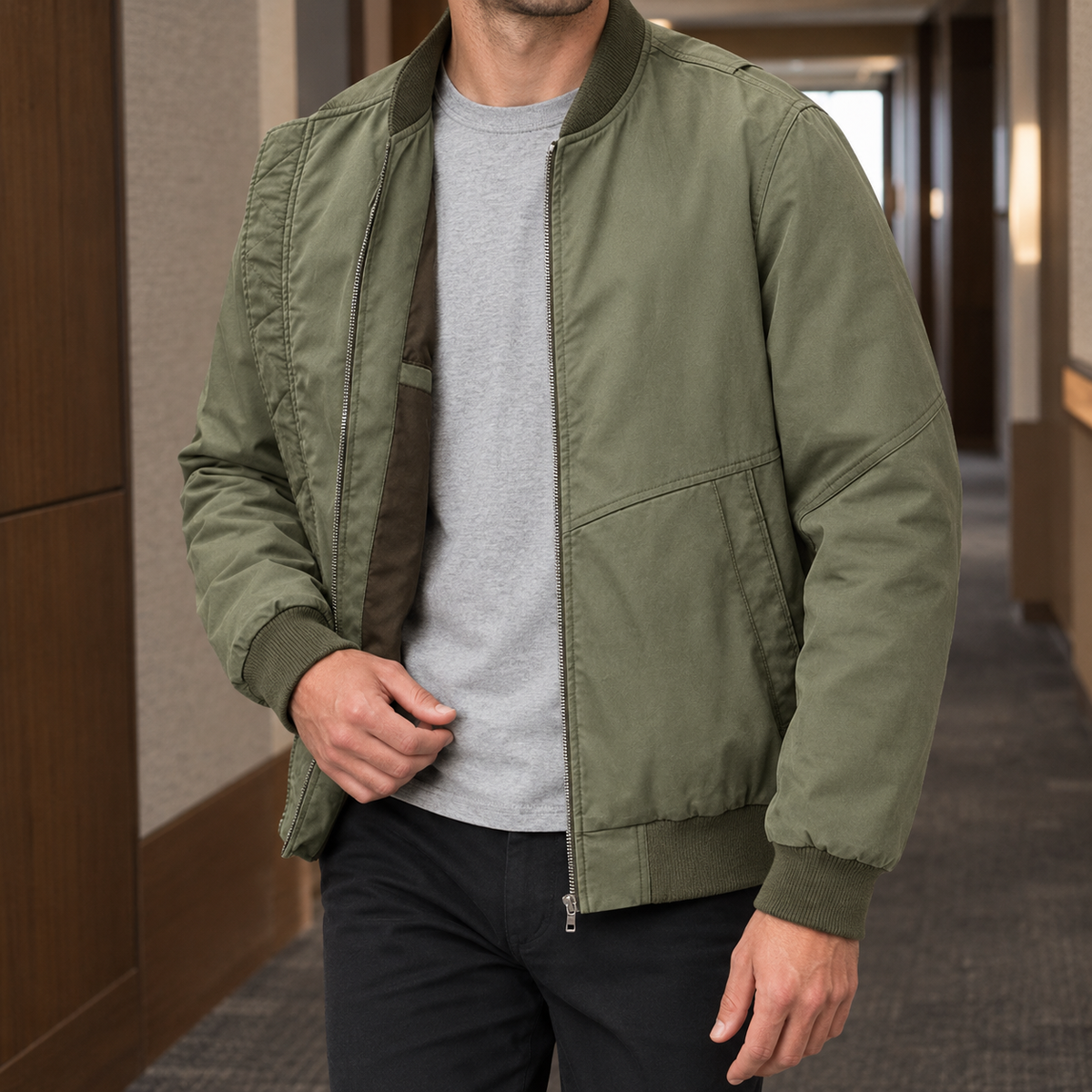 Men's black bomber jacket with ribbed collar and trims