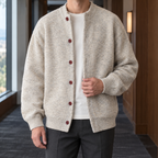 Men's beige relaxed knit cardigan with button front