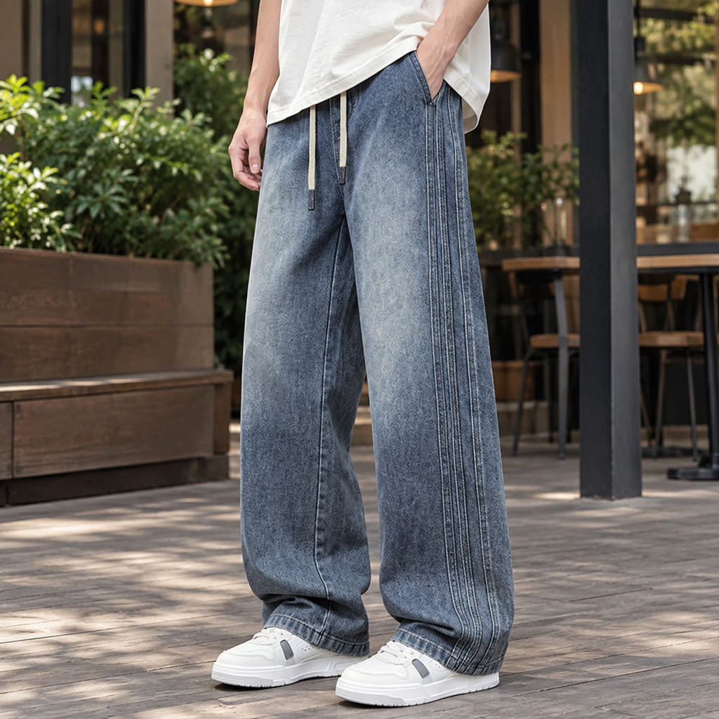 Men's wide leg jeans with drawstring waist in vintage blue