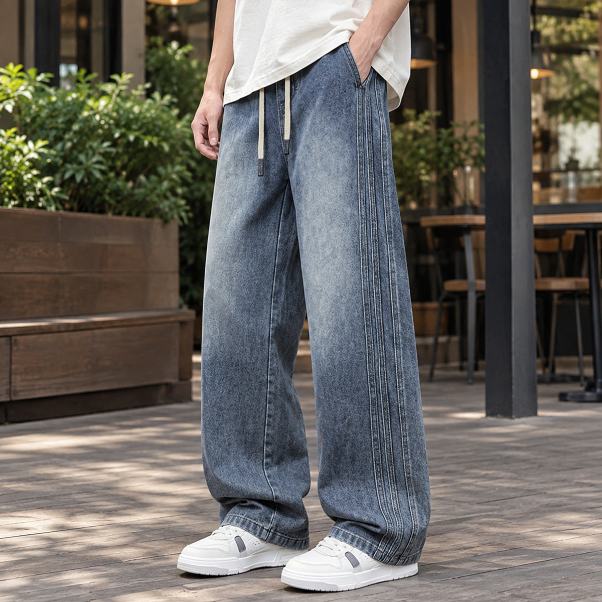 Men's wide leg jeans with drawstring waist in vintage blue