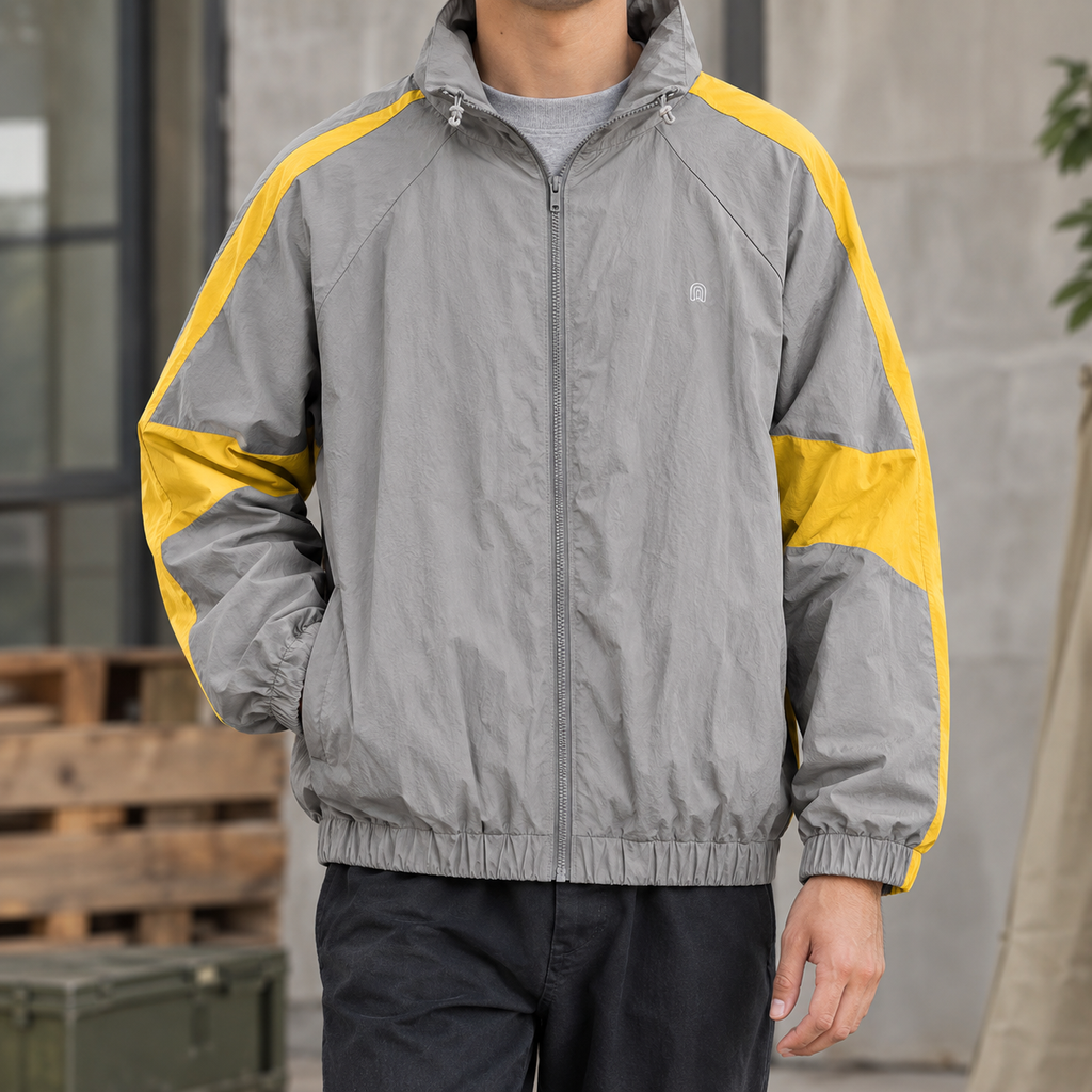 Men's gray and black colorblock zip jacket with stand collar
