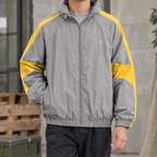 Men's gray and black colorblock zip jacket with stand collar