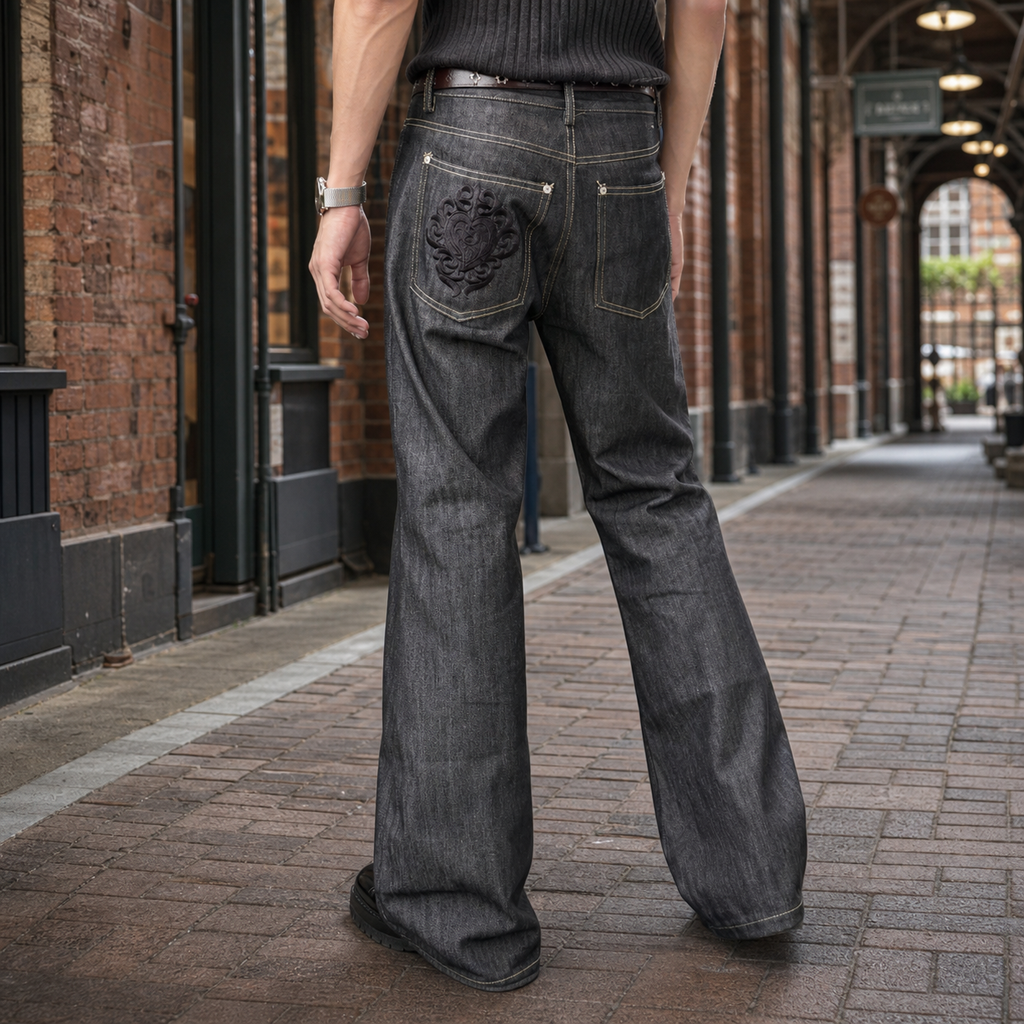 Men's black flare jeans with embroidered rear pocket detail