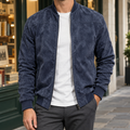 Men's navy blue suede bomber jacket with ribbed collar