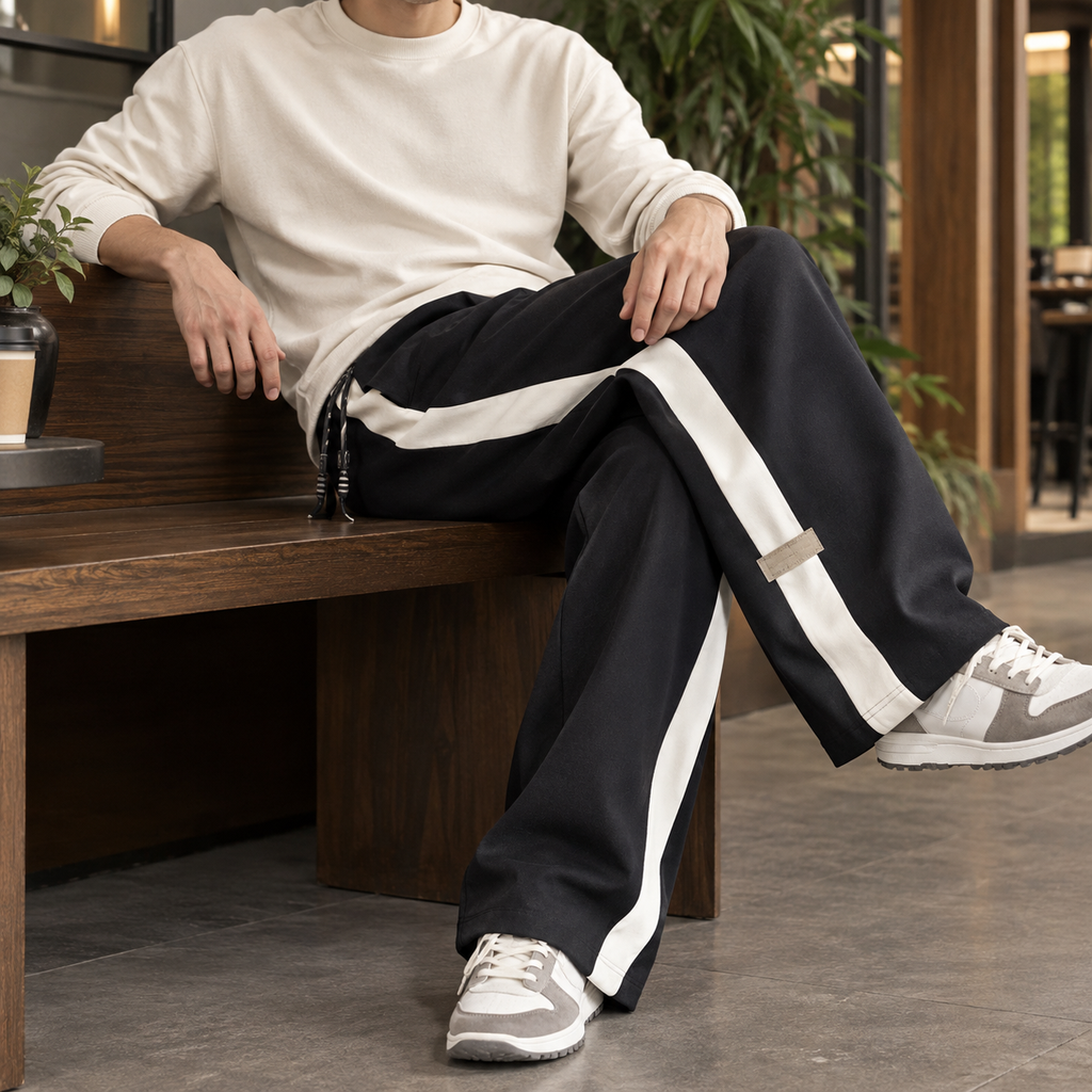Black straight leg woven trousers for men