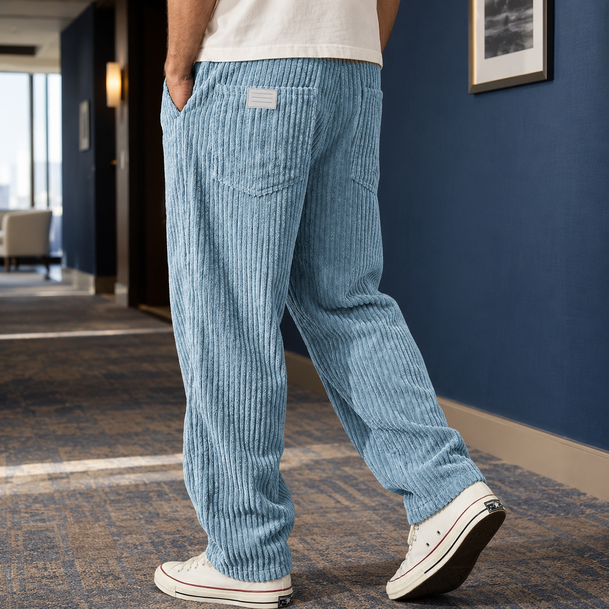 Men's relaxed fit trousers in light blue with wide wale texture