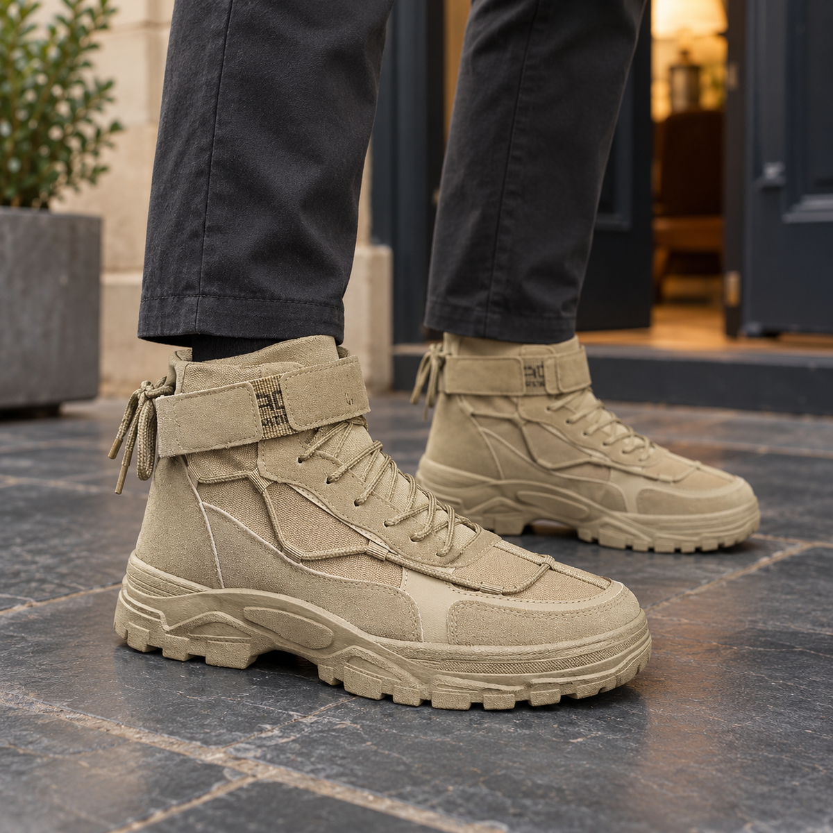 Men's lace-up leather look boots in khaki