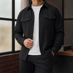 Men's black cotton overshirt with pointed collar and chest pockets