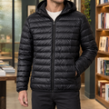 Men's black hooded down puffer jacket with zip front