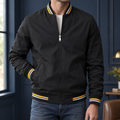 Men's black varsity jacket with striped ribbed trim
