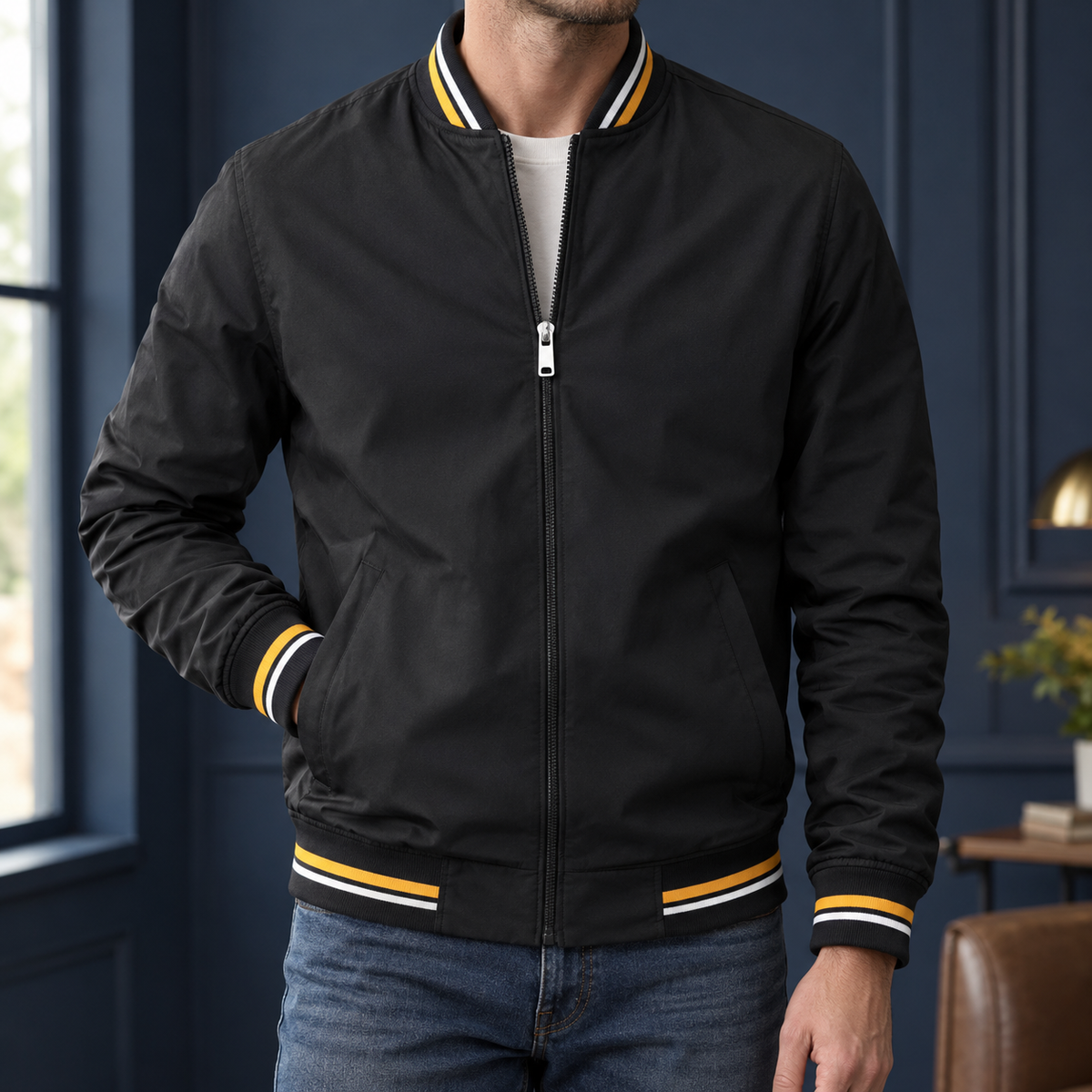 Men's black varsity jacket with striped ribbed trim