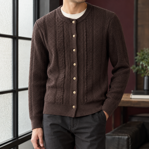 Man wearing a brown textured cable knit cardigan