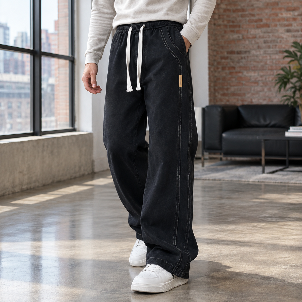 Men's wide leg cotton trousers in black with contrast stitching