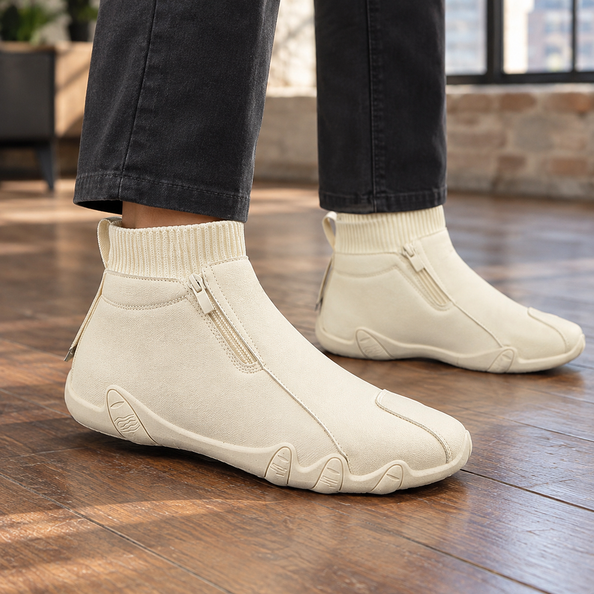 Men's zip up leather look boots in brown