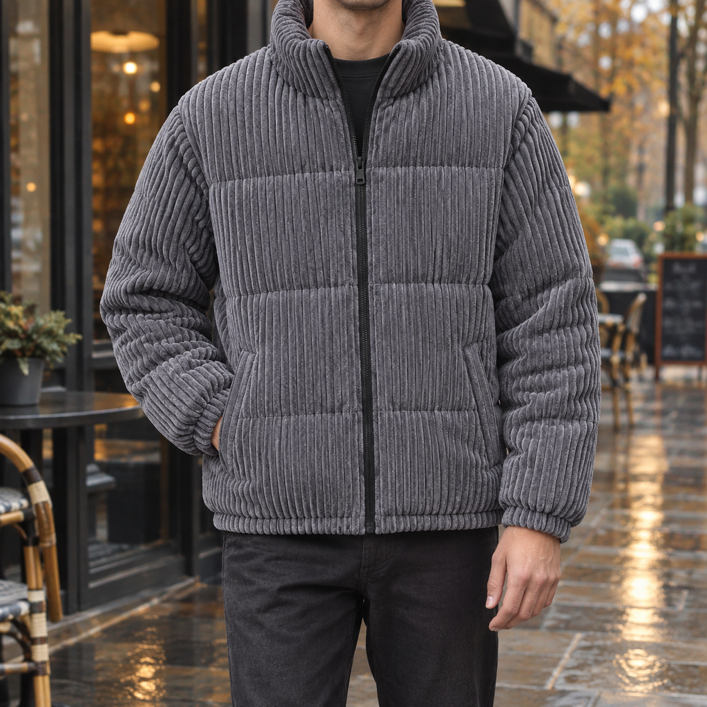 Men's grey corduroy jacket with tall collar and zip front