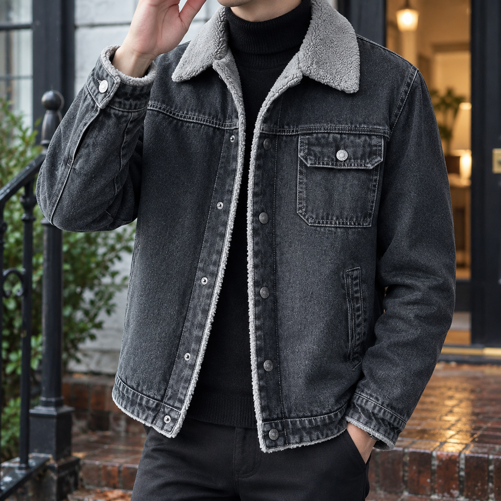 Men's grey denim jacket with plush contrast lining